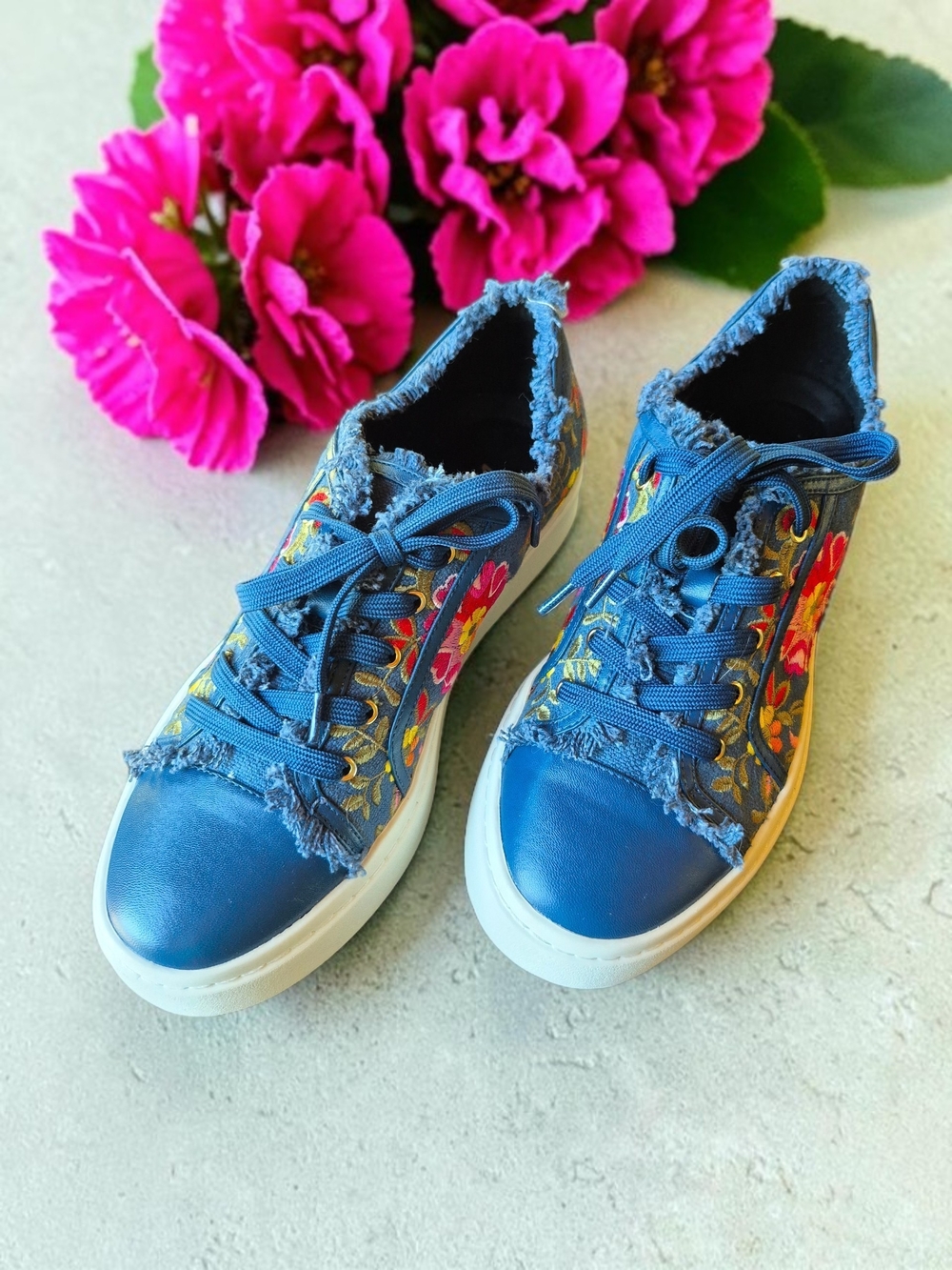 Vaneli Sport Blue Floral Embroidered Lace-Up Sneakers